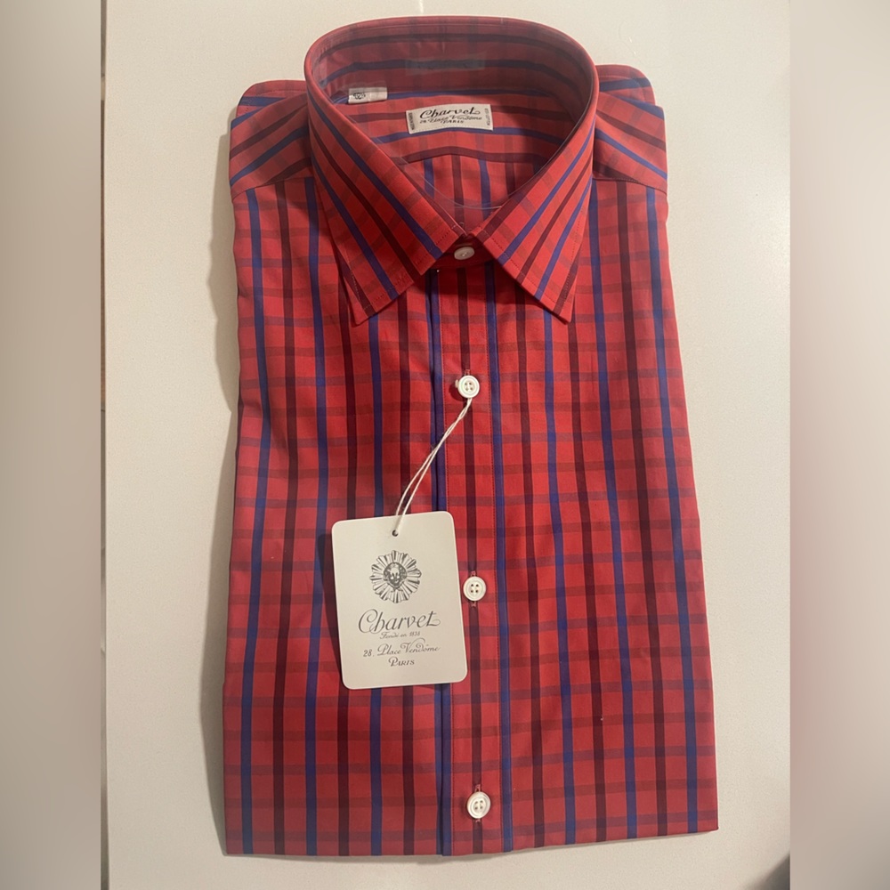 *BRAND NEW* Charvet Glenplaid Stripe Dress Shirt red/blue. All tags still on.